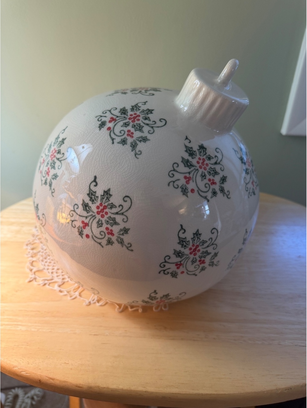 Large Ceramic Christmas Ornament with Holly Pattern